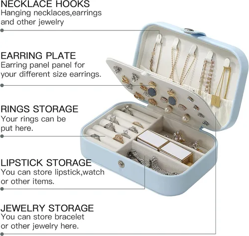 Miniatura 3 de CASEGRACE Joyero para mujer, organizador de joyas de viaje, doble capa, para collares, aretes, anillos, joyero, estuche