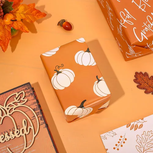 Miniatura 4 de Whaline 12 hojas de papel de regalo de otoño, hojas de otoño, calabaza, cuadros, papel de regalo de 4 estilos, color naranja y blanco, papel