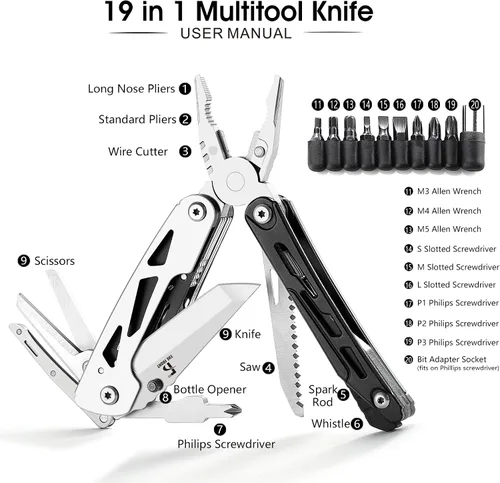 Miniatura 2 de THE FRONT Multiherramienta 19 en 1, Alicates Multiherramienta con Tijeras Desmontables, Cuchillo Táctico de Camping Multiuso para Supervivencia