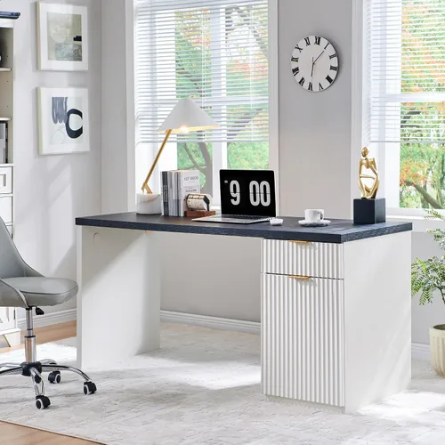 Miniatura 16 de JXQTLINGMU Escritorio ejecutivo moderno de 58 pulgadas con almacenamiento, escritorio de madera para oficina en casa con 5 cajones y 1 gabinete