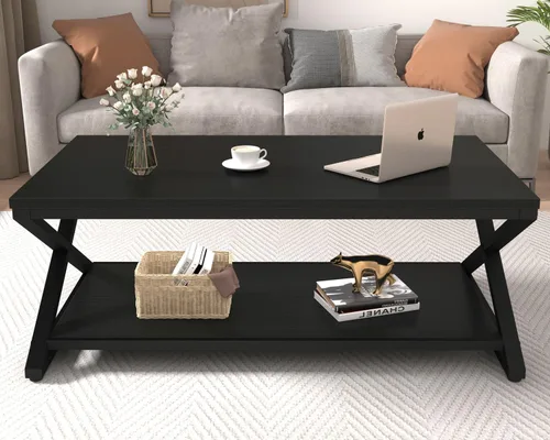 Miniatura 4 de HSH Mesa de café negra moderna, mesa de cóctel rectangular simple de 47 pulgadas con estante de exhibición de almacenamiento, mesa de té industrial