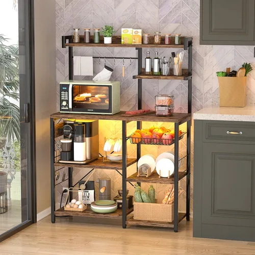 Miniatura 2 de Aheaplus Estante de panadería con toma de corriente y tiras de luces LED, soporte para horno de microondas, estante de almacenamiento de cocina