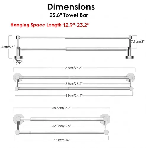 Miniatura 6 de BESy Toallero de baño doble ajustable de 16-26 pulgadas para baño, soporte de toallas de acero inoxidable SUS304, estilo hotel montaje en pared