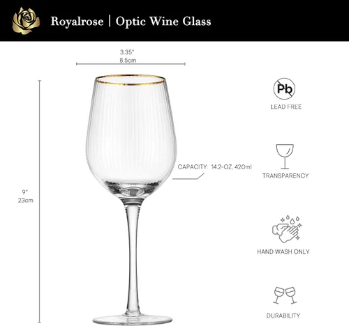 Miniatura 5 de Royalrose Juego de 4 copas de vino alegres de alta calidad, vasos soplados a mano de 14.2 onzas con borde dorado, diseño estriado, elegante embalaje