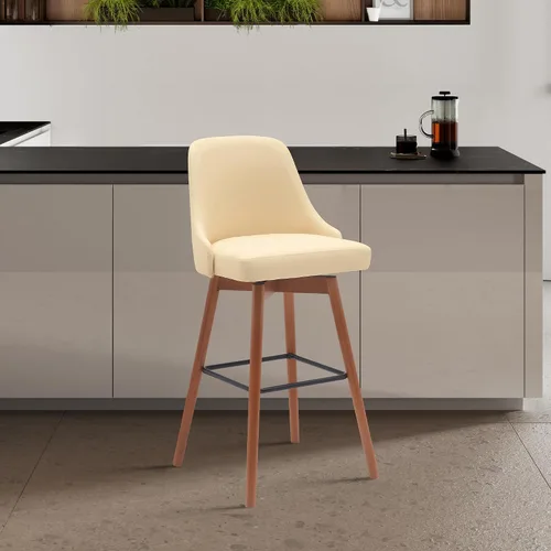 Miniatura 2 de Armen Living Sicily Modern Farmhouse Taburete giratorio de madera de nogal de 26 pulgadas de altura para encimera de isla de cocina, en piel Crema