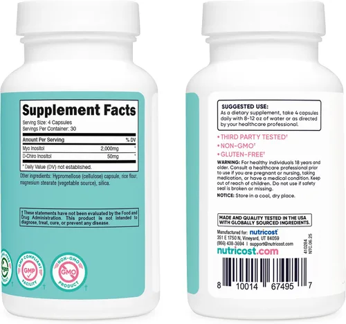 Miniatura 4 de Nutricost Myo Inositol y D-Chiro Inositol para mujeres 2000mg, 120 cápsulas, 2000mg Myo y 50mg D-Chiro por porción, 30 porciones, apto