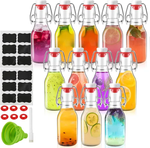 ZEBEIYU Paquete de 12 botellas de vidrio con tapa abatible de 4 onzas, botellas de vidrio con tapa abatible con tapas herméticas para cerveza