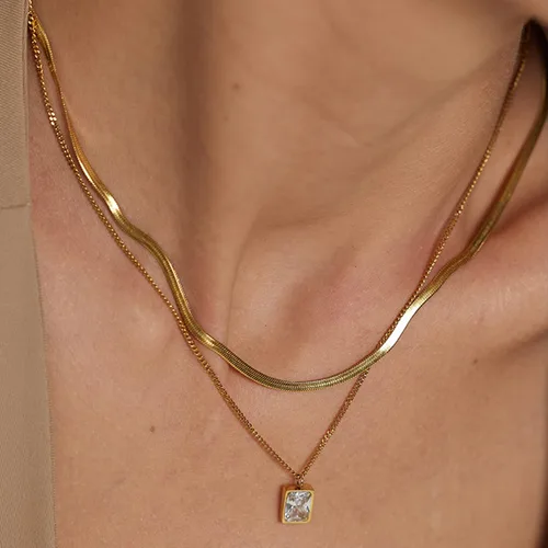 Miniatura 2 de Yonhi 2 collares de capas chapados en oro para mujer, gargantillas de cadena de serpiente, cadenas de espiga de eslabones planos con colgantes