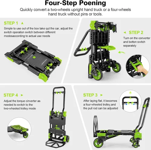 Miniatura 3 de Carretilla de mano plegable de 330 libras para trabajo pesado, combinación de cuatro ruedas y dos ruedas, carrito convertible con mango retráctil
