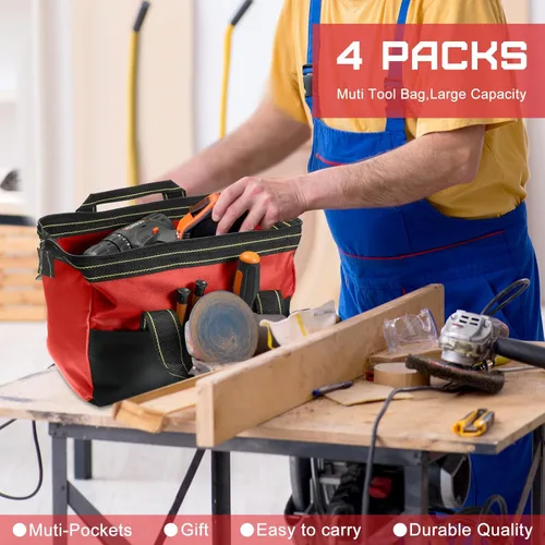 Miniatura 5 de Bolsa de Herramientas de 4 Piezas con Base Moldeada Fuerte Resistente al Agua, Múltiples Bolsillos, Bolsa de Herramientas de Boca Ancha Rojo