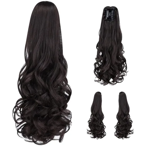 Miniatura 6 de Cola de caballo sintética con clip marrón, cola de caballo falsa de 22 pulgadas, 5.3 onzas, extensiones de cabello negro ondulado, extensiones