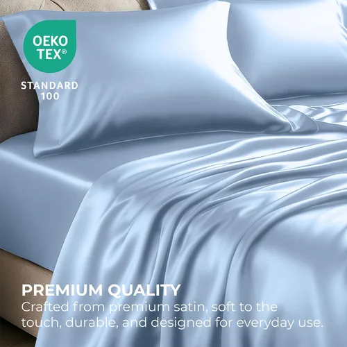 Miniatura 5 de Pure Bedding Sábanas de satén de lujo para cama individual de hotel, juego de sábanas de microfibra extra suave de 1800, resistente a las arrugas, a