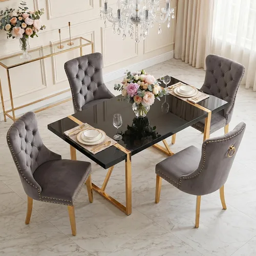 Miniatura 26 de Juego de mesa de comedor negra para 4, parte superior negra brillante de 55 pulgadas con patas de metal dorado, juego de mesa de comedor moderno