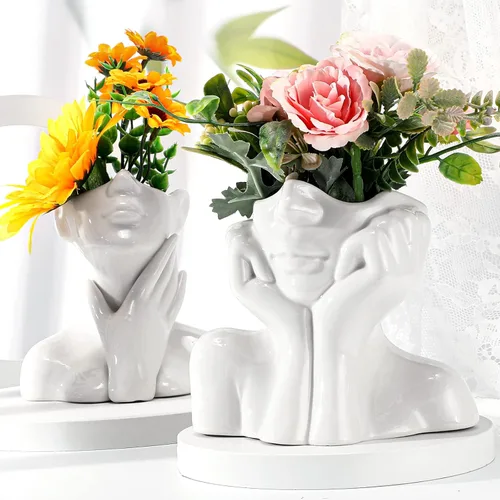 Miniatura 4 de Sieral 3 piezas de jarrón de cerámica con forma de cara femenina moderna con cuerpo de flor para decoración con cabeza, media forma de cuerpo