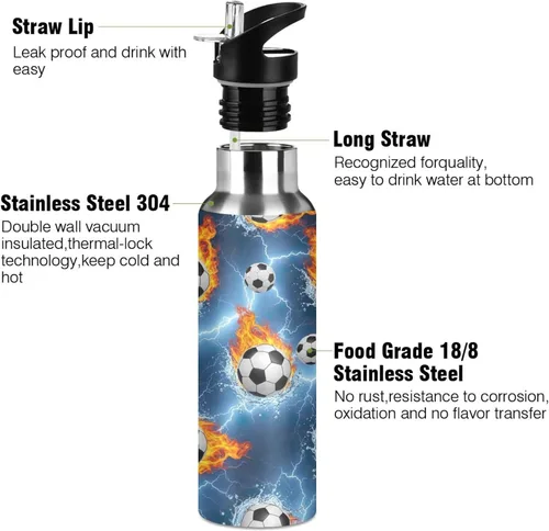 Miniatura 3 de Soccer Balls Water Flames Insulated Water Bottle 32 Oz, BPA-Free Sport Water Bottle Insulated Leakproof Water Bottles
