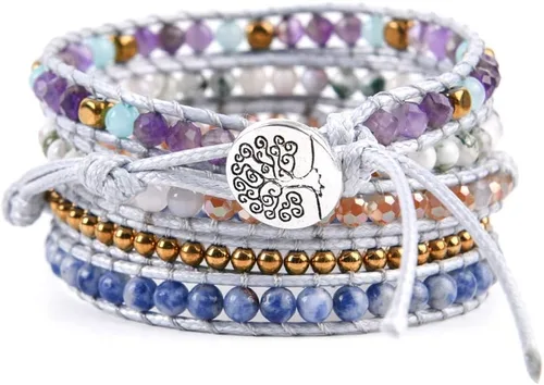 Miniatura 5 de YGLINE Pulsera de 5 envolturas de cera curativa con cuentas de piedra natural, Piedra