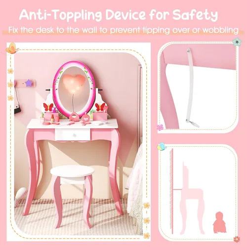 Miniatura 5 de Costzon Vanity - Juego de tocador para niñas con espejo y taburete, cajón, rejillas de almacenamiento, tocador 2 en 1, tocador de maquillaje, mesa