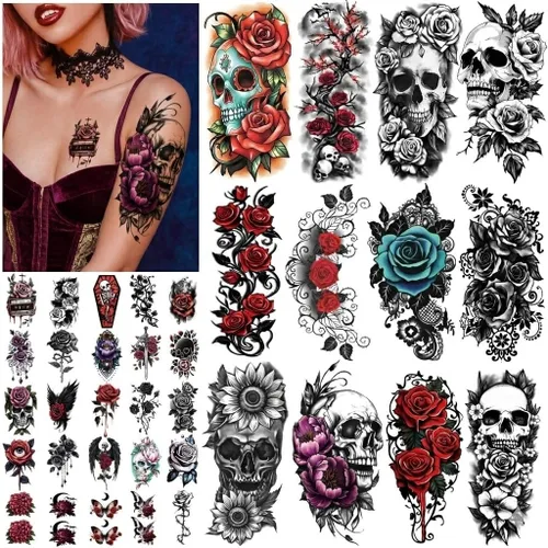 Miniatura 11 de 77 hojas de tatuajes temporales realistas en 3D para adultos y niños, calavera de araña, tigre, león, dragón, serpiente, tatuajes temporales
