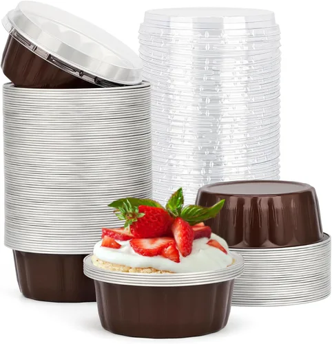 Miniatura 25 de Beasea Ramequines con tapas, 8oz 50 unidades de tazas de aluminio desechables para hornear, tazas de papel de aluminio plateado para creme brulee
