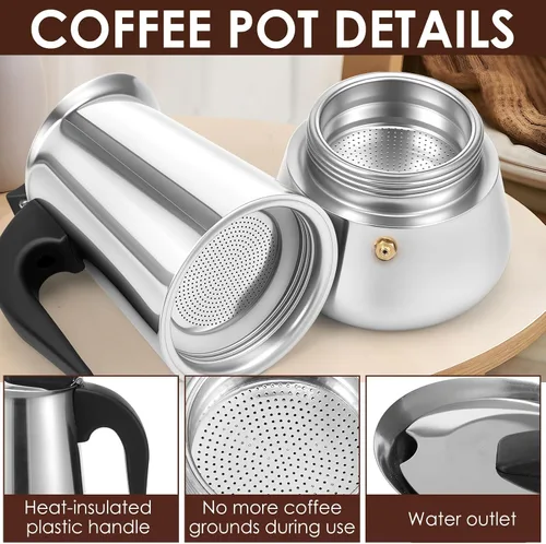 Miniatura 3 de Paquete de 2 ollas de café expreso Moka de acero inoxidable, 15.2 fl oz/15 oz/9 tazas para estufa y cocinas de inducción (2)