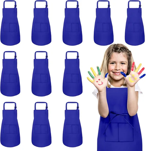 Miniatura 8 de Juego de 12 delantales para niños a granel con 2 bolsillos, delantal de chef de arte ajustable para niños, delantales de pintura para niños