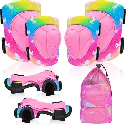 Miniatura 13 de Rodilleras para niños, juego de equipo de protección ajustable con bolsa de malla, rodilleras y coderas, protector de muñeca para niñas, patines