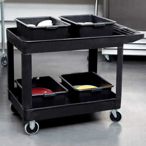 Miniatura 8 de Carrito de utilería Rubbermaid Commercial Products FG452089BLA resistente, 2 estantes con ruedas, mediano, color negro