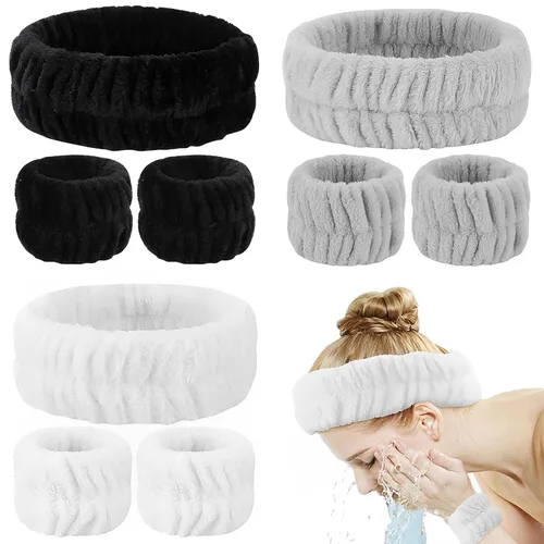 YARIEW Juego de 9 diademas de spa y muñequeras, 3 piezas de maquillaje facial para lavado facial, diademas para la cabeza y 6 muñequeras para lavar