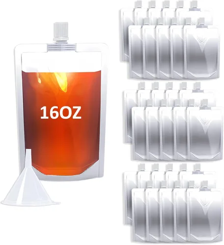 Miniatura 10 de 100 bolsas de bebida de 8 onzas, botella de plástico reutilizable con embudo para beber jugo de bebidas líquidas, bolsas de bebidas de pie para 8OZ