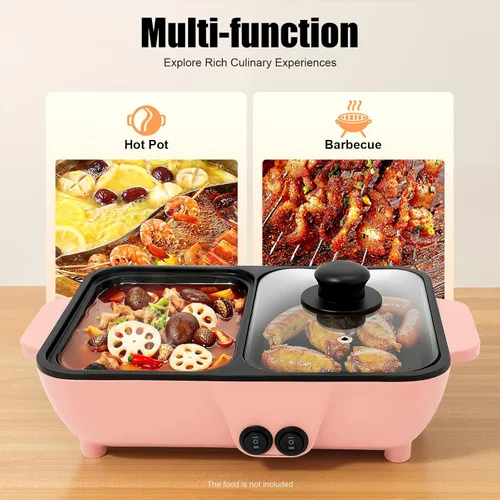 Miniatura 3 de Olla caliente con parrilla, olla caliente eléctrica antiadherente 2 en 1 para interiores y exteriores, control de temperatura independiente, Rosado