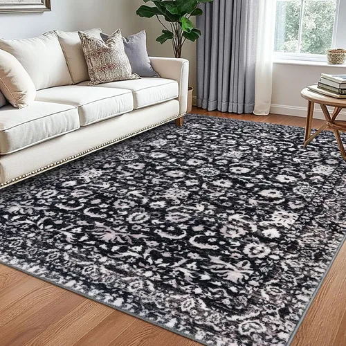 Miniatura 56 de Lansny Alfombra bohemia de 2 x 3 pulgadas, lavable, color negro, azul marino, floral, alfombra de cocina, alfombra de área pequeña de lana