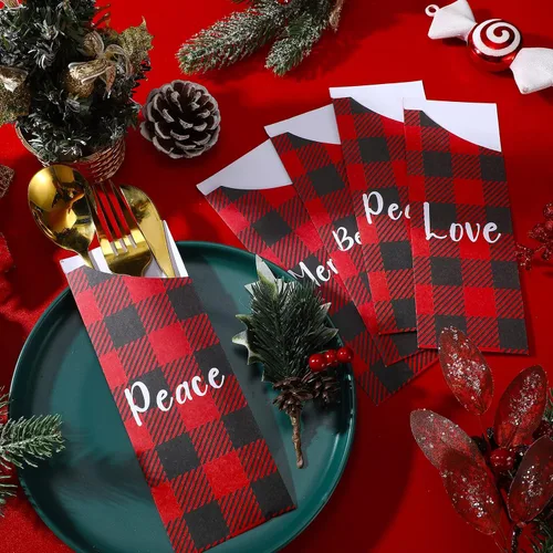 Miniatura 4 de Roowest 100 bolsas de cubiertos de Navidad desechables, soporte para cubiertos de papel de Navidad, bolsas para Navidad, hogar, boda, fiesta