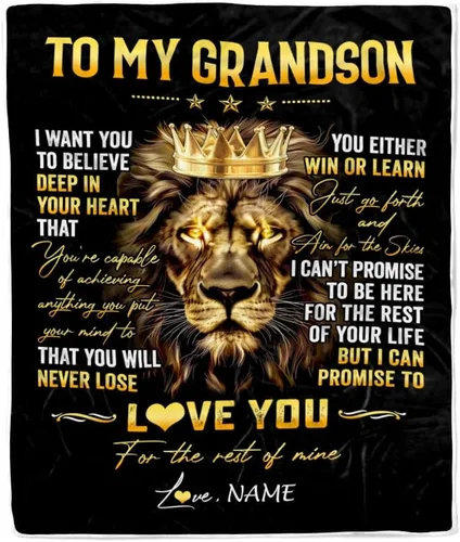 Manta personalizada con texto en inglés «To My Grandson from Grandma Grandpa You Will Never Lose Lion Nison», manta de forro polar personalizada