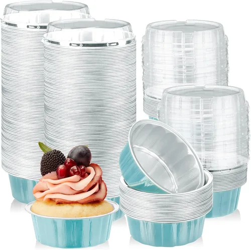 Miniatura 9 de Tessco for you 200 moldes desechables con tapas, 8 onzas, Ramekin Creme Brulee Ramekin, papel de aluminio, para cupcakes, para hornear, San plateado