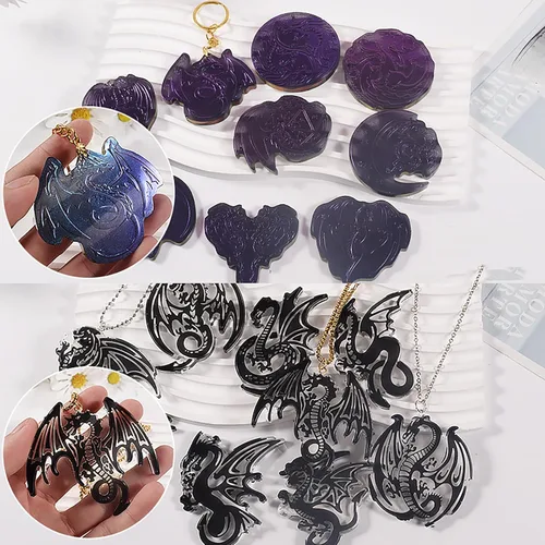 Miniatura 2 de Paquete de 2 moldes de resina para llavero de dragón, 9 cavidades cada una, múltiples estilos, colgante, moldes de silicona de fundición de resina