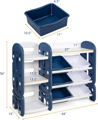 Miniatura 3 de HONEY JOY Organizador de almacenamiento de juguetes para niños de 4 niveles con 6 contenedores, unidad de almacenamiento de juguetes 2 en 1