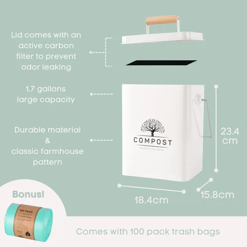 Miniatura 2 de PERFNIQUE Contenedor de compost de cocina, contenedor de compostaje para encimera de 1.7 galones con tapa, contenedor de compost interior incluye 2