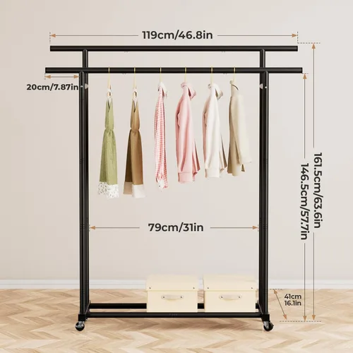 Miniatura 2 de Abiglifty Perchero de doble barra para colgar ropa, perchero con ruedas, organizador portátil de armario para lavandería, habitación (negro)