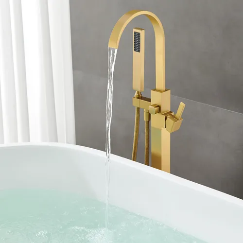 Miniatura 8 de Grifo de Bañera Independiente de Montaje en Piso Llenador de Bañera Latón Dorado Cepillado Grifos de Baño Mango Único con Ducha de Mano Oro cepillado