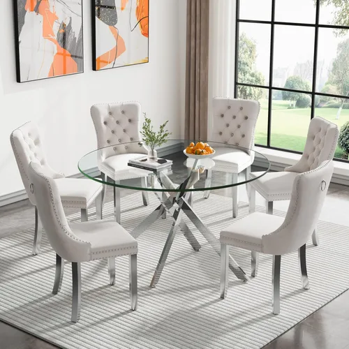 Miniatura 70 de Juego de 4 mesas de comedor redondas de vidrio para 4, juego de mesa de cocina pequeña para 4, mesa redonda de vidrio de 35 pulgadas, juego de 4