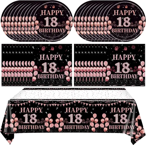 Miniatura 13 de Ryzovo - Decoraciones de cumpleaños 50 para mujer, platos de papel desechables negro y oro rosa, suministros de fiesta para 20 invitados, 41 piezas