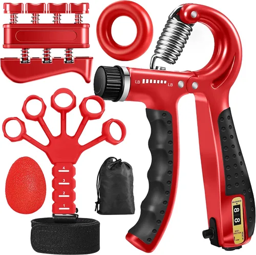 Grip Strength Trainer Kit (5 Pack) Adjustable Resistance Hand Gripper,Finger Exerciser,Hand Extension Exerciser,Stress Relief Ball and Forearm Rojo