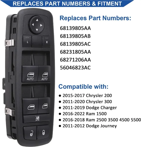 Miniatura 2 de Obaee Interruptor de ventana delantera izquierda 68231805AA compatible con Chrysler 300 2011-2012, Chrysler 200 2015-2017, Dodge Charger 2011-2014