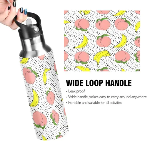 Miniatura 4 de Peaches Bananas Polka Dot Insulated Stainless Steel Water Bottle with Straw 20 Oz, BPA-Free Sports Water Bottle Leakproof Water Bottles