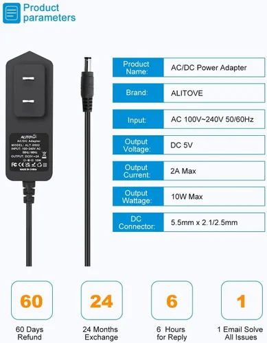 Miniatura 2 de ALITOVE Adaptador de fuente de alimentación de 5 V 2 A, cargador de 5 voltios, 10 W, CA, 100-240 V, 50-60 Hz, cable de alimentación de repuesto