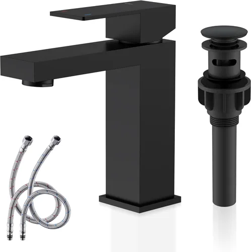 KENES Grifo de lavabo de baño de una sola manija negro mate, grifo de tocador de acero inoxidable para lavabo de baño, con tapón de drenaje