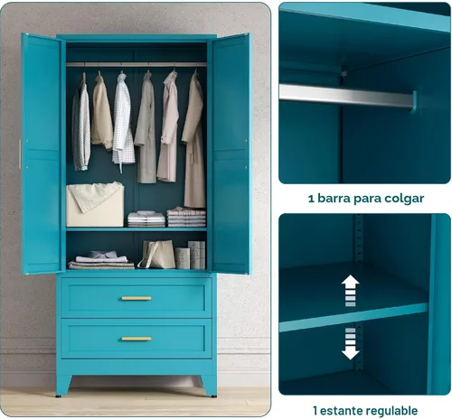 Miniatura 4 de Washsemba - Armario de guardarropas de metal de casa rural de 71'' con barra para colgar, 2 armarios de puerta de granero con estantes ajustables, 2