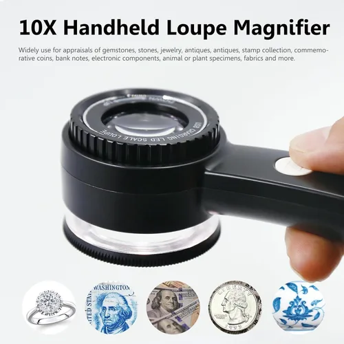 Miniatura 5 de Lupa de mano para joyería, 10 unidades, recargable por USB, con luces LED y UV y superluces tricolor, lentes de vidrio K9 de 1.181 in, lupa