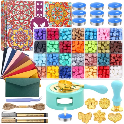 anezus - Kit de sellos de cera mejorados, 790 piezas de sellos de sellado con cuentas de sello de cera, sellos, calentador, sobres vintage y caja de