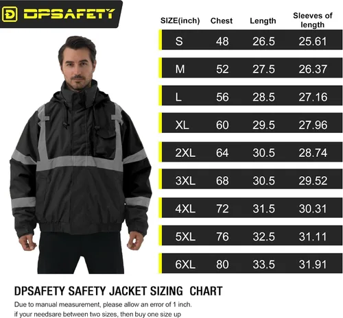 Miniatura 6 de Chaqueta de seguridad 3 en 1, chaqueta reflectante de alta visibilidad, chaqueta bomber Hi Vis, forro polar, impermeable, ANSI Clase 3, negro, S